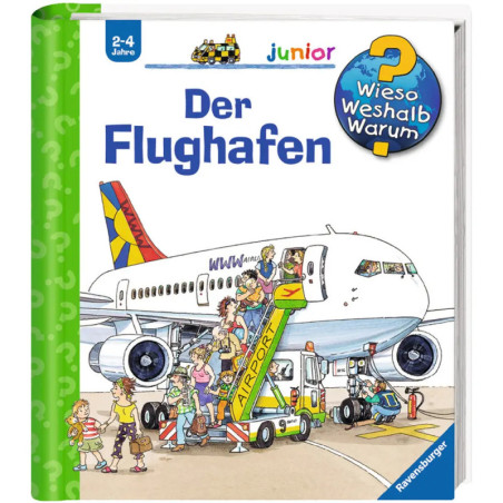 Kinderbuchcover mit Menschen, die am Flughafen in ein Flugzeug einsteigen. Titel: Der Flughafen.