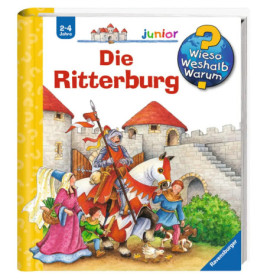 Kinderbuchcover mit Ritter, Pferd und Menschen vor einer Burg, Titel Die Ritterburg.