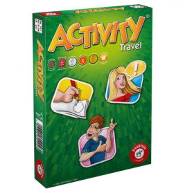 Green Activity Travel Spielschachtel von Piatnik mit Cartoonfiguren und Notizblock.