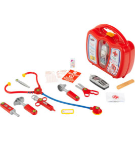 Spiel-Arztkoffer mit rotem Etui, Stethoskop, Spritze, Schere, Thermometer, Verband und weiteren Spielzeug-Instrumenten.