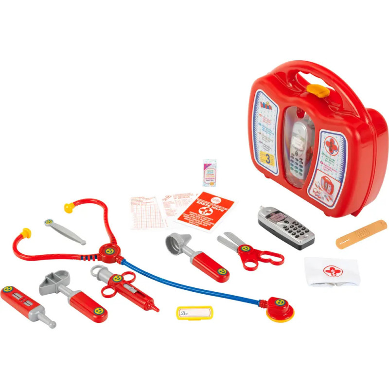 Spiel-Arztkoffer mit rotem Etui, Stethoskop, Spritze, Schere, Thermometer, Verband und weiteren Spielzeug-Instrumenten.