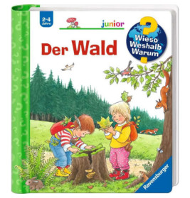 Zwei Kinder erkunden auf dem Cover eines deutschen Kinderbuchs den Wald und beobachten Pflanzen und Insekten.