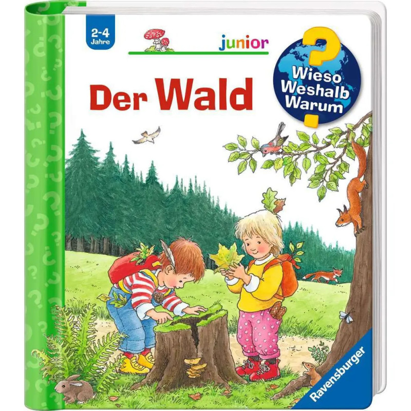 Zwei Kinder erkunden auf dem Cover eines deutschen Kinderbuchs den Wald und beobachten Pflanzen und Insekten.