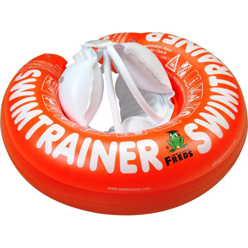 Roter aufblasbarer SWIMTRAINER-Schwimmring mit weißen Gurten und Aufdruck, speziell fürs Schwimmtraining entwickelt.
