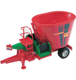 Rotes und grünes Spielzeug-Mischfahrzeug mit Treppe und Einzelrad, das landwirtschaftlichen Geräten ähnelt.