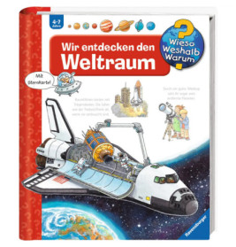 Kinderbuchcover mit Space Shuttle, Planeten und deutschem Titel zum Thema Weltall-Entdeckungen.