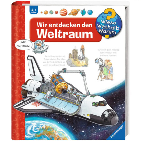 Kinderbuchcover mit Space Shuttle, Planeten und deutschem Titel zum Thema Weltall-Entdeckungen. Kinderbuchcover mit Space Shuttle, Planeten und deutschem Titel zum Thema Weltall-Entdeckungen.