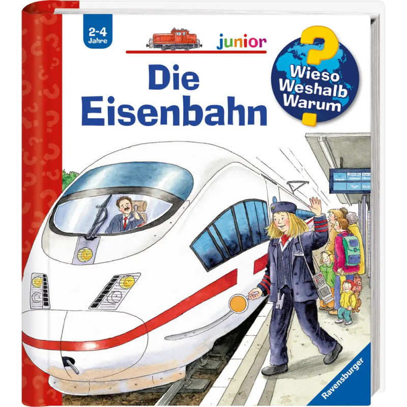 Ein Kinderbuchcover zeigt einen modernen weißen Zug mit Schaffner und Fahrgästen am Bahnhof. Ein Kinderbuchcover zeigt einen modernen weißen Zug mit Schaffner und Fahrgästen am Bahnhof.