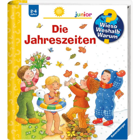 Vier Kinder in saisonaler Kleidung spielen zusammen, umgeben von Blättern, Blumen und Schnee.
