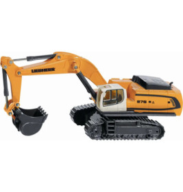 Gelber und schwarzer Spielzeugbagger mit Kettenfahrwerk und großer Schaufel.