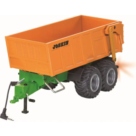 Spielzeugmodell eines orange-grünen Joskin-Kippanhängers mit zwei Achsen und schwarzen Rädern.