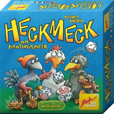 Bunte Heckmeck-am-Bratwurmeck-Spielschachtel mit Comic-Vögeln, Würfeln und Würmern auf dem Cover.