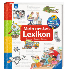 Buntes deutsches Kinderlexikon mit Illustrationen von Ärzten, Blumen, Flugzeugen und lernenden Kindern auf dem Cover.