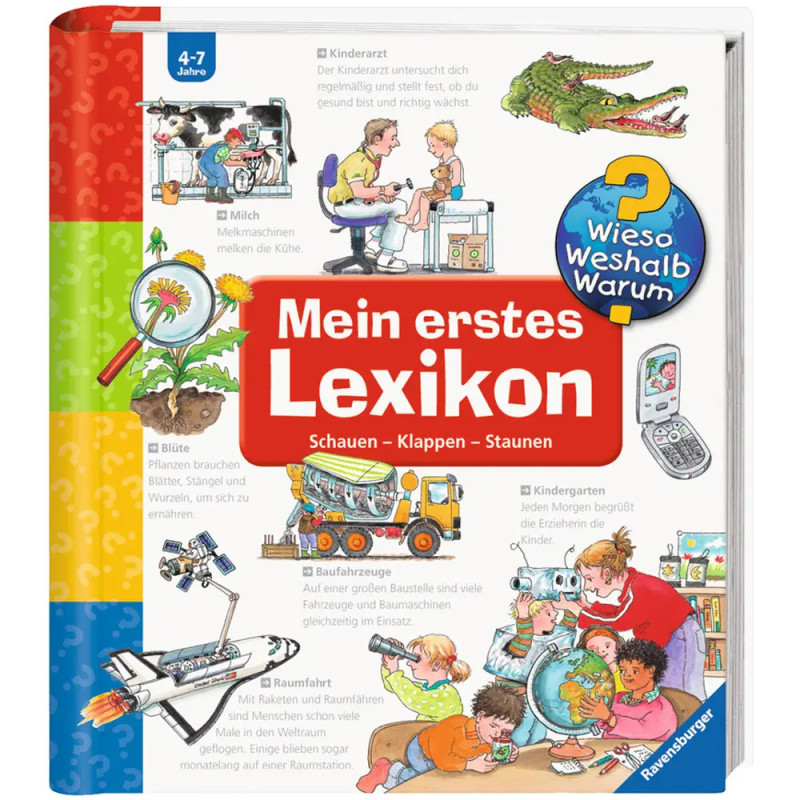 Buntes deutsches Kinderlexikon mit Illustrationen von Ärzten, Blumen, Flugzeugen und lernenden Kindern auf dem Cover. Buntes deutsches Kinderlexikon mit Illustrationen von Ärzten, Blumen, Flugzeugen und lernenden Kindern auf dem Cover.