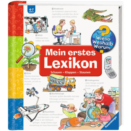 Buntes deutsches Kinderlexikon mit Illustrationen von Ärzten, Blumen, Flugzeugen und lernenden Kindern auf dem Cover. Buntes deutsches Kinderlexikon mit Illustrationen von Ärzten, Blumen, Flugzeugen und lernenden Kindern auf dem Cover.