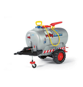 Spielzeug-Wassertankanhänger mit Rädern, Schlauch und Griff, Aufschrift rolly tanker, vor weißem Hintergrund.