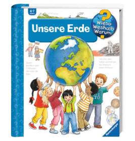 Sechs Kinder halten auf dem Cover des deutschen Kinderbuchs Unsere Erde einen großen Globus hoch.
