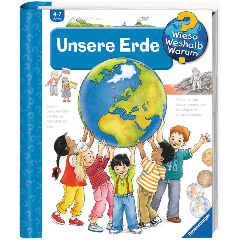 Sechs Kinder halten auf dem Cover des deutschen Kinderbuchs Unsere Erde einen großen Globus hoch. Sechs Kinder halten auf dem Cover des deutschen Kinderbuchs Unsere Erde einen großen Globus hoch.