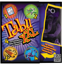 Tabu XXL Brettspielbox mit bunten Grafiken und einer lila Plüschfigur auf der rechten Seite.
