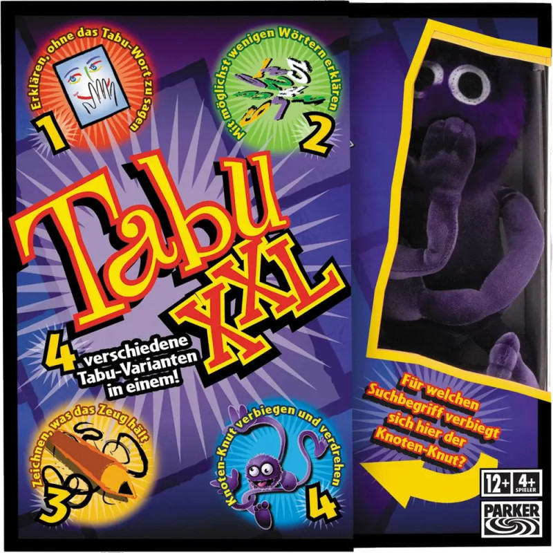 Tabu XXL Brettspielbox mit bunten Grafiken und einer lila Plüschfigur auf der rechten Seite.