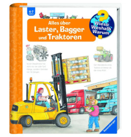 Ein Gabelstapler hebt Kisten vor zuschauenden Kindern, im Hintergrund stehen Lkw, Traktoren und Bagger.