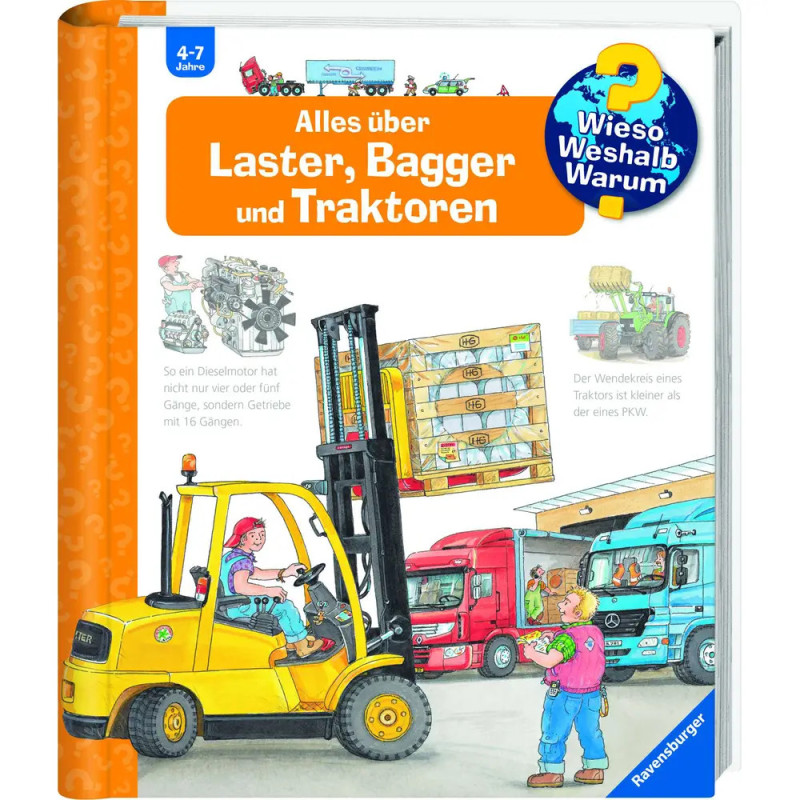 Ein Gabelstapler hebt Kisten vor zuschauenden Kindern, im Hintergrund stehen Lkw, Traktoren und Bagger. Ein Gabelstapler hebt Kisten vor zuschauenden Kindern, im Hintergrund stehen Lkw, Traktoren und Bagger.