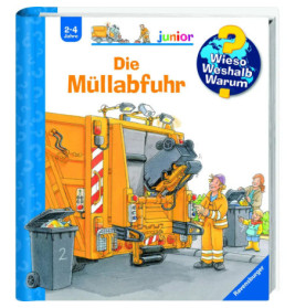 Ein Müllwagen sammelt Müll, Kinder und ein Erwachsener schauen zu Buchcover von Die Müllabfuhr.