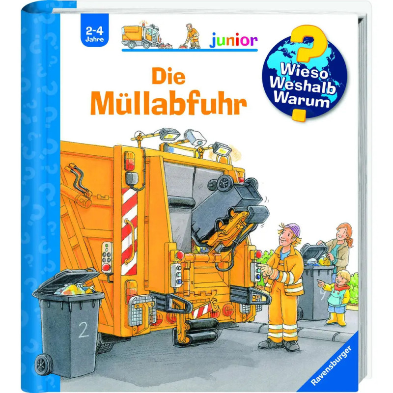 Ein Müllwagen sammelt Müll, Kinder und ein Erwachsener schauen zu Buchcover von Die Müllabfuhr.