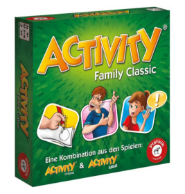 Schachtel des Brettspiels Activity Family Classic mit Abbildungen zu Zeichnen, Darstellen und Sprechen.
