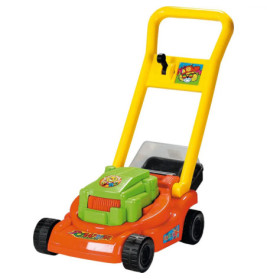 Bunter Spielzeug-Rasenmäher mit gelbem Griff, grünem Deckel, rotem Boden und Aufklebern im Comicstil.