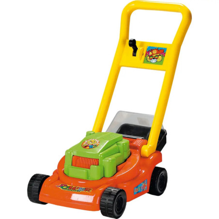 Bunter Spielzeug-Rasenmäher mit gelbem Griff, grünem Deckel, rotem Boden und Aufklebern im Comicstil. Bunter Spielzeug-Rasenmäher mit gelbem Griff, grünem Deckel, rotem Boden und Aufklebern im Comicstil.