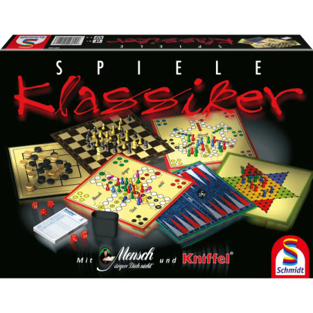 Box mit klassischen Brettspielen wie Schach, Dame, Ludo, Backgammon und Chinesisches Dame.