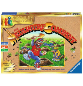 Spielschachtel von Die Maulwurf Company mit grabenden, sonnenbebrillten Cartoon-Maulwürfen.