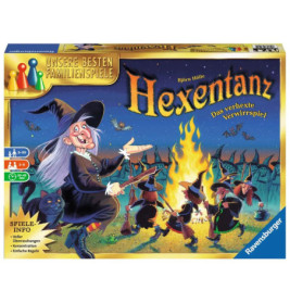 Schachtel des Brettspiels Hexentanz mit tanzenden Hexen um ein Feuer unter sternenklarem Nachthimmel.