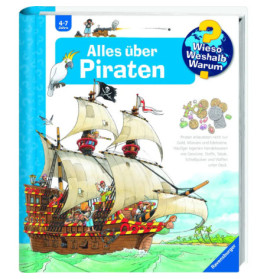 Buntes Kinderbuchcover mit Piratenschiff, Crew, Papagei und dem Titel Alles über Piraten.