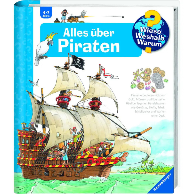 Buntes Kinderbuchcover mit Piratenschiff, Crew, Papagei und dem Titel Alles über Piraten. Buntes Kinderbuchcover mit Piratenschiff, Crew, Papagei und dem Titel Alles über Piraten.