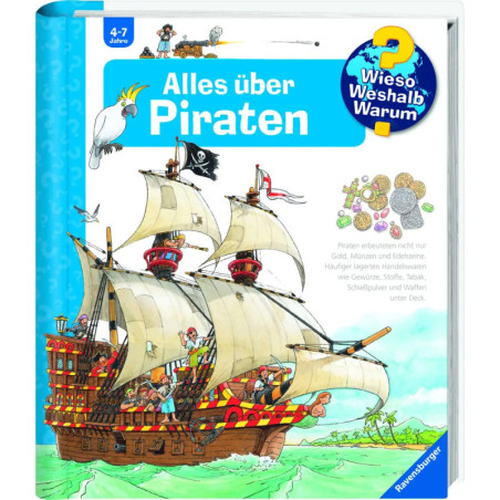 Buntes Kinderbuchcover mit Piratenschiff, Crew, Papagei und dem Titel Alles über Piraten. Buntes Kinderbuchcover mit Piratenschiff, Crew, Papagei und dem Titel Alles über Piraten.