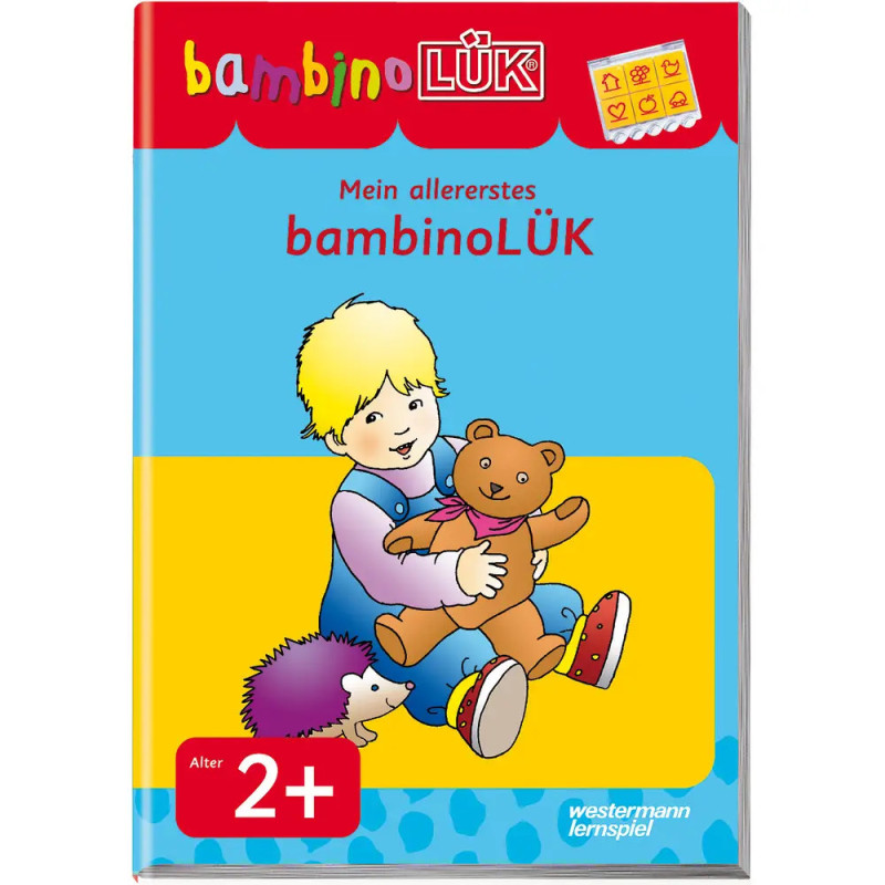 Buchcover: Kind mit Teddybär und Igel, Aufschrift bambinoLÜK, geeignet ab 2 Jahren. Buchcover: Kind mit Teddybär und Igel, Aufschrift bambinoLÜK, geeignet ab 2 Jahren.