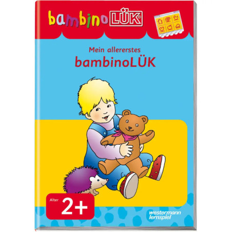 Buchcover: Kind mit Teddybär und Igel, Aufschrift bambinoLÜK, geeignet ab 2 Jahren.