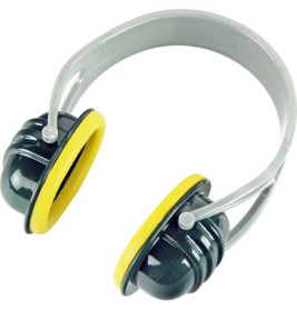 Grau-gelbe Kapselgehörschützer mit gepolsterten Muscheln und gebogenem Kunststoffbügel.