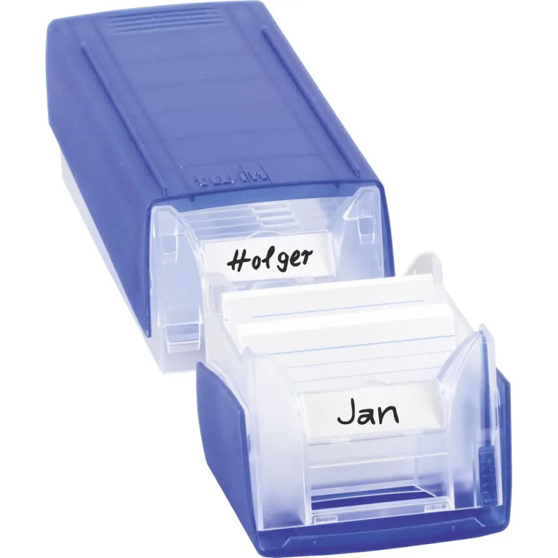 Blauer Plastik-Kartenikasten mit beschrifteten Karten, auf denen die Namen Holger und Jan stehen. Blauer Plastik-Kartenikasten mit beschrifteten Karten, auf denen die Namen Holger und Jan stehen.