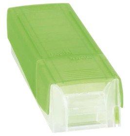 Grüner, transparenter Anspitzer aus Kunststoff in rechteckiger Form.