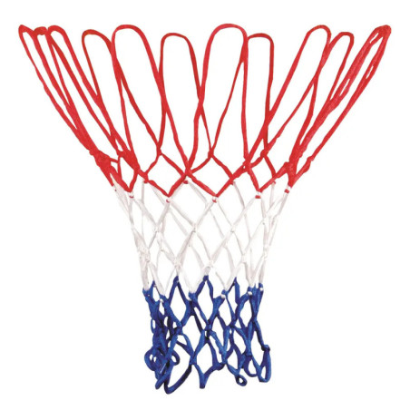 Basketballnetz in Rot, Weiß und Blau, als Ring geformt, vor weißem Hintergrund.