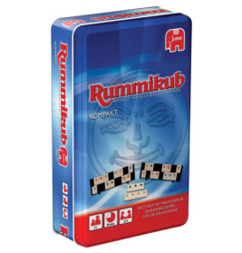 Kompakte Rummikub-Spielbox mit blau-rotem Design und abgebildeten Spielsteinen auf der Vorderseite.