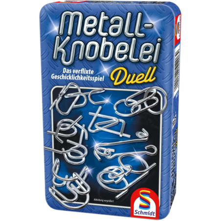 Schachtel des Spiels Metall-Knobelei Duell mit Metall-Knobelteilen auf dem Cover.