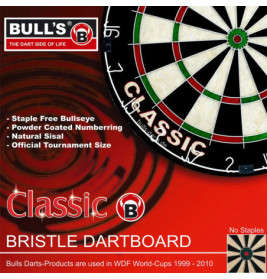 Turniergroße Dartscheibe aus Sisal, mit Bullseye ohne Klammern und pulverbeschichteten Zahlen.