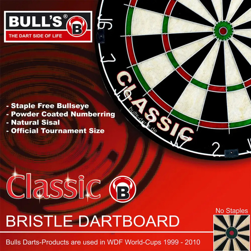 Turniergroße Dartscheibe aus Sisal, mit Bullseye ohne Klammern und pulverbeschichteten Zahlen. Turniergroße Dartscheibe aus Sisal, mit Bullseye ohne Klammern und pulverbeschichteten Zahlen.