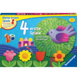 Bunte Brettspielschachtel mit Blumen, Vogel, Schloss und Würfeln deutscher Text für Kinder von 3 bis 7 Jahren.