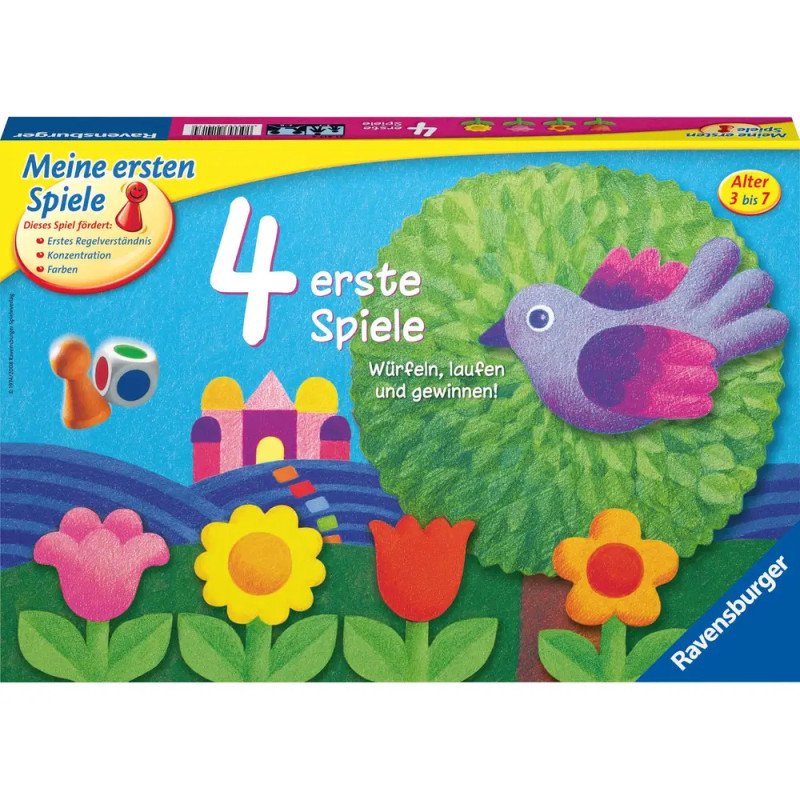 Bunte Brettspielschachtel mit Blumen, Vogel, Schloss und Würfeln deutscher Text für Kinder von 3 bis 7 Jahren.