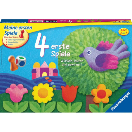 Bunte Brettspielschachtel mit Blumen, Vogel, Schloss und Würfeln deutscher Text für Kinder von 3 bis 7 Jahren.